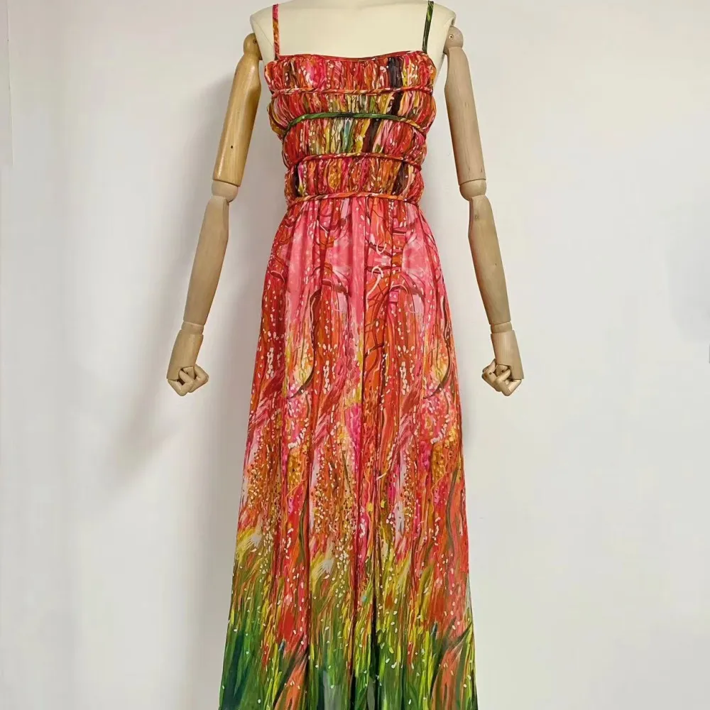 2023 Estate e autunno Nuovo e stile resort Bretella Tie Dye Vita abito lungo Gonna da spiaggia da donna Nicchia