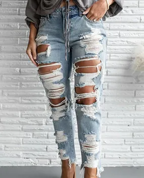 Autumn New  And  Ripped Women's Jeans, Washed, Fashionable, Torn, Frayed, Fringed Denim Trousers