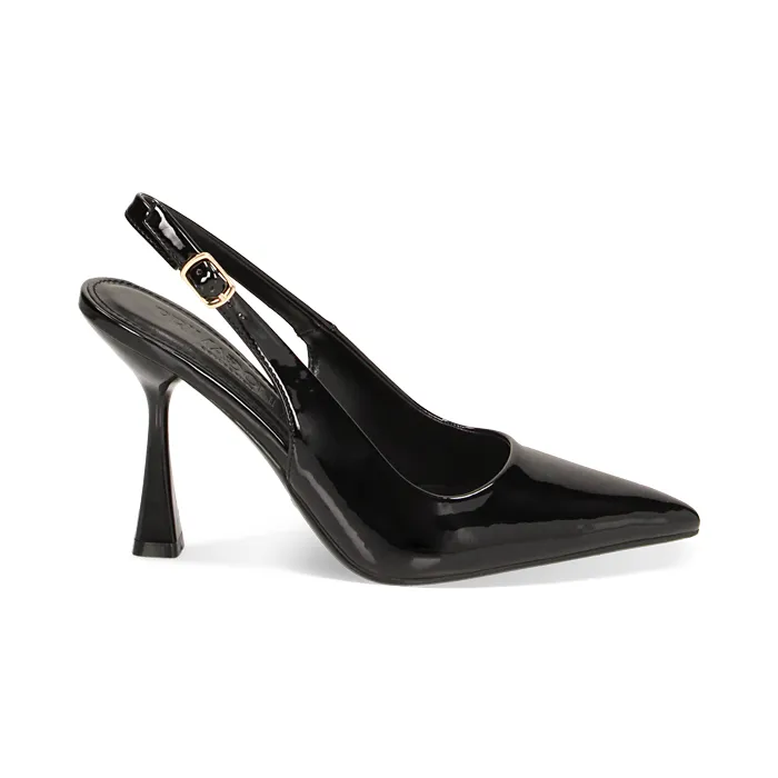 Décolleté slingback nere in vernice, tacco 8 cm