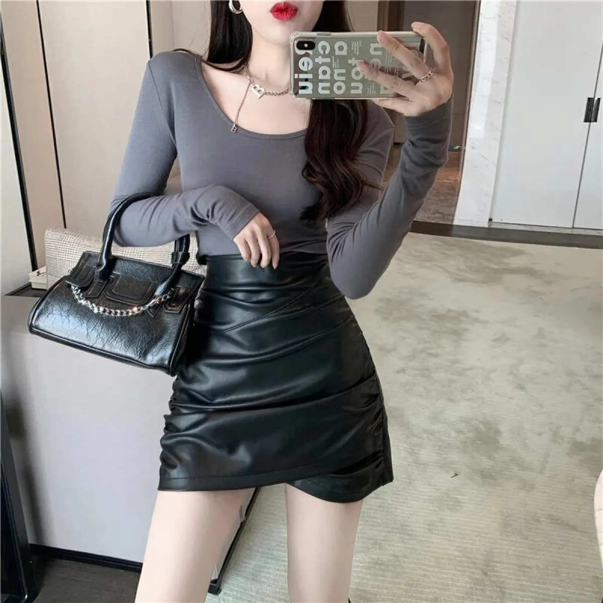 Mini Slim A Line Wrap Hip Irregolare Nero Pu Gonna in pelle Donna Vita alta Autunno Wild Street Mujer Faldas Retro Khaki