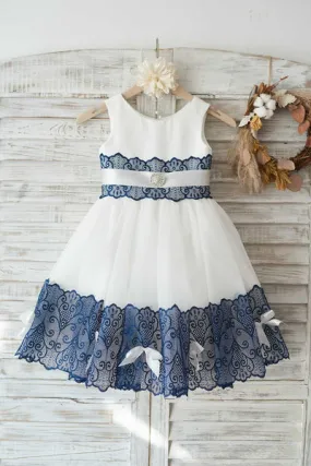 Navy White Flower Girl Dress con Bowknot