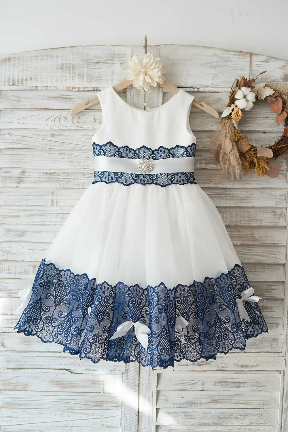Navy White Flower Girl Dress con Bowknot