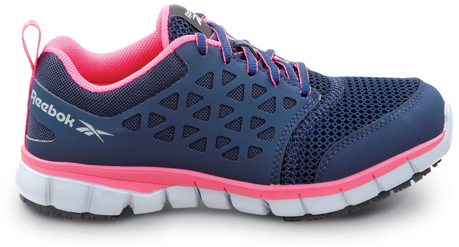 REEBOK  Sublite Cushion Work, Women's, Navy/Pink, Athletic Style, MaxTRAX Slip Resistant, Soft Toe Work Shoe