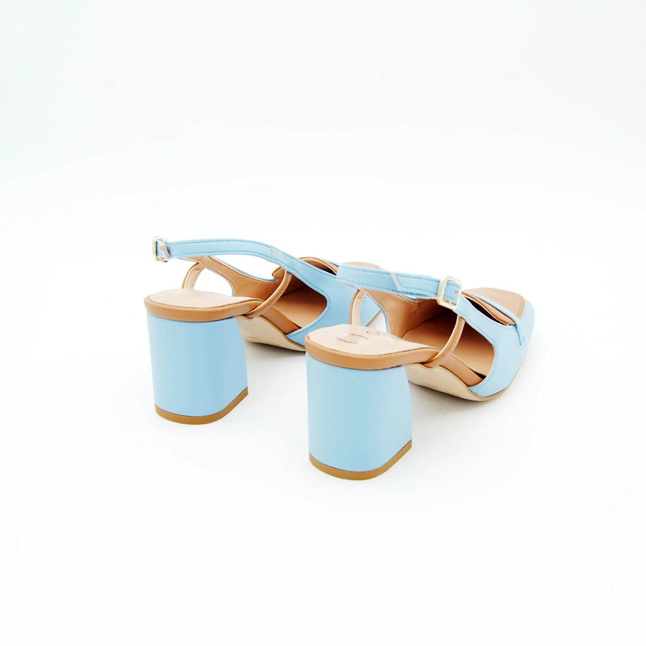 Slingback a mocassino tacco largo col. Avio/Cuoio