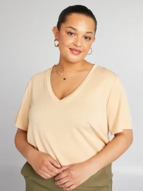 T-shirt a maniche corte stretch - BEIGE